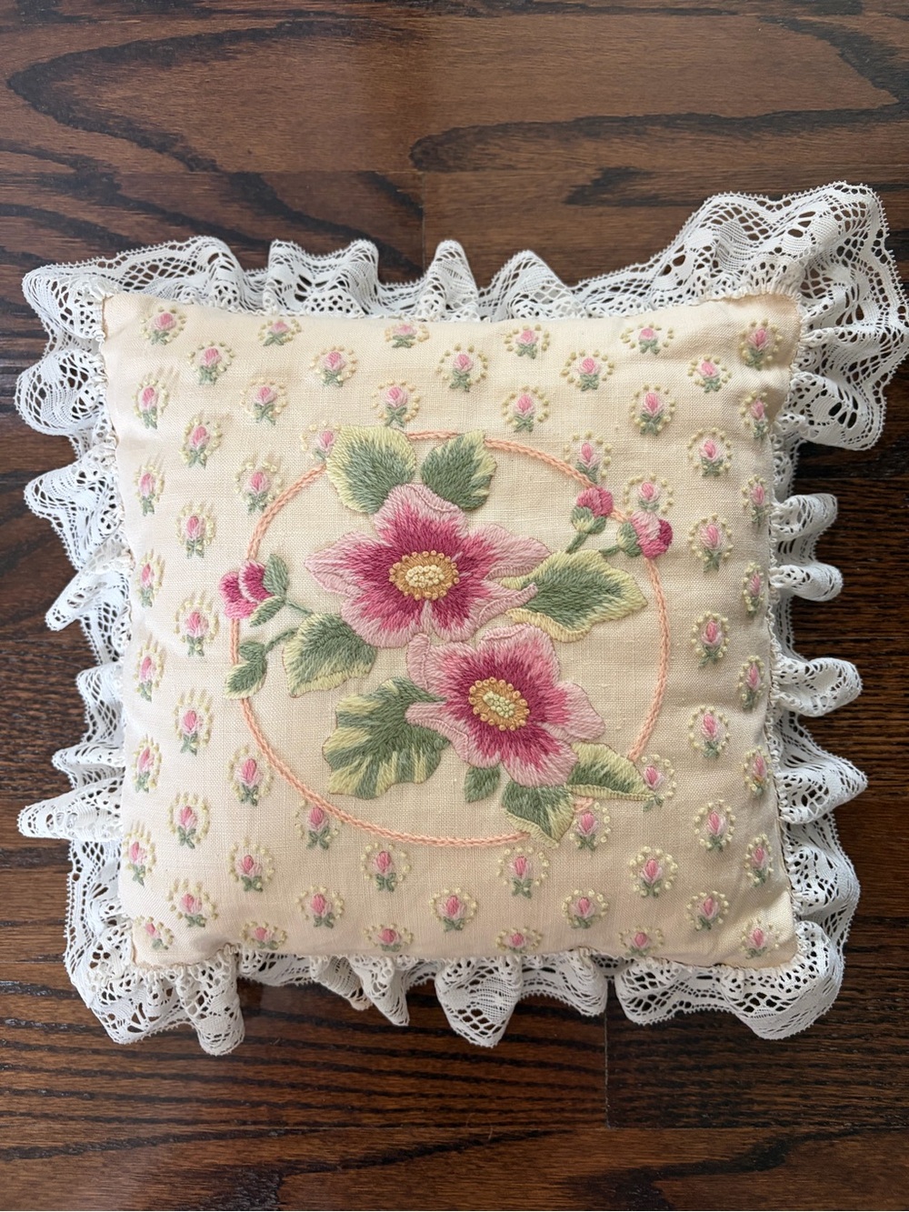 Vintage Embroidered Pink Floral Lace Accent Pillow Cottagecore